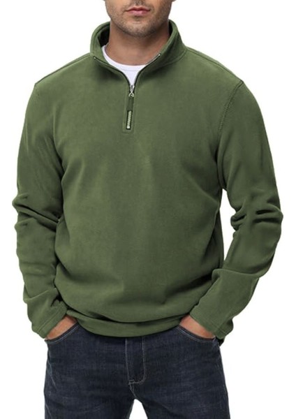 Erkek Yarım Fermuarlı Uzun Kollu Haki Yeşili Polar Sweatshirt