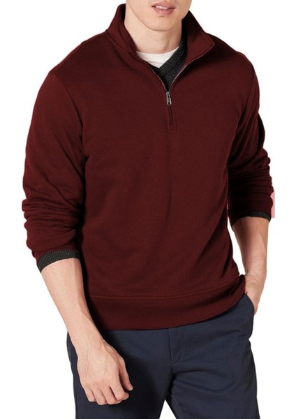 Erkek Yarım Fermuarlı Uzun Kollu Bordo Polar Sweatshirt