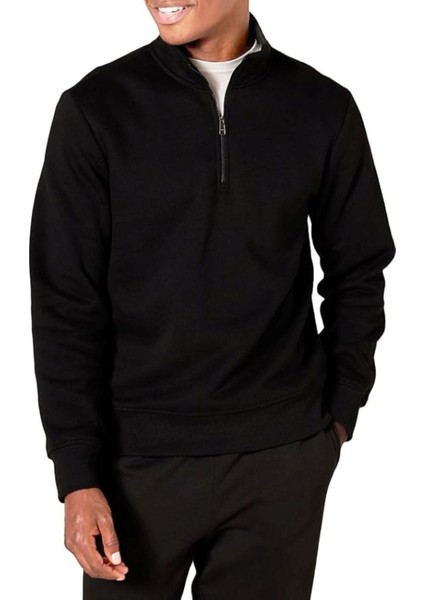 Erkek Yarım Fermuarlı Uzun Kollu Siyah Polar Sweatshirt