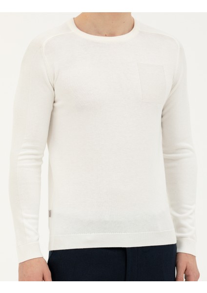 Erkek Ekru Slim Fit Bisiklet Yaka Triko Kazak 50281779-VR019