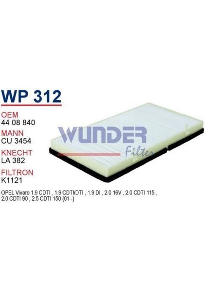 Wunder WP312 Polen Filtresi Renault Traffic Iı ( 2001-- ) / Opel Vivaro ( 2001-- ) / Nissan Primaster 7701050319 fiyatları