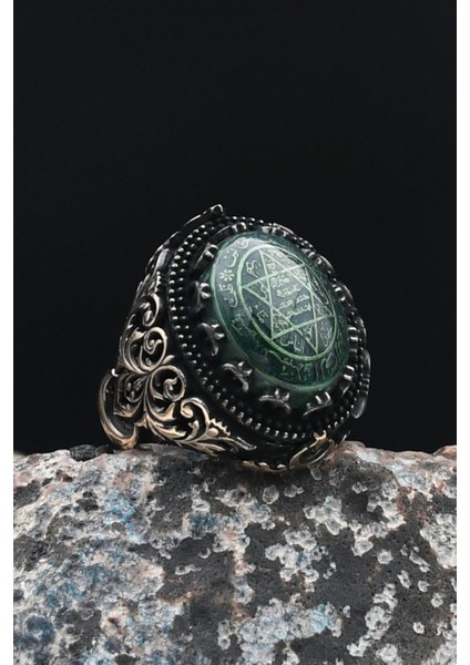 Özel Tasarım 925 Ayar Gümüş Erkek Yüzüğü Sıkma Kehribar Taşlı Hz. Süleyman Mührü 901443