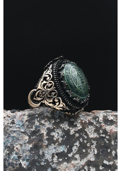 Özel Tasarım 925 Ayar Gümüş Erkek Yüzüğü Sıkma Kehribar Taşlı Hz. Süleyman Mührü 901443 fiyatları