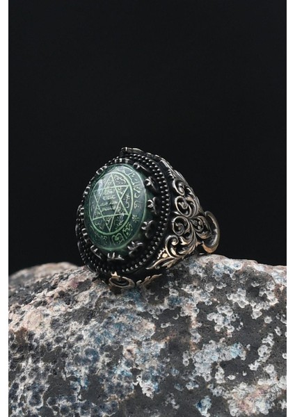 Özel Tasarım 925 Ayar Gümüş Erkek Yüzüğü Sıkma Kehribar Taşlı Hz. Süleyman Mührü 901443 modelleri