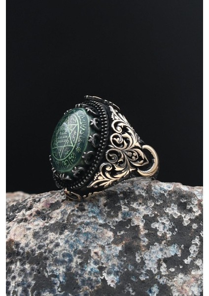 Özel Tasarım 925 Ayar Gümüş Erkek Yüzüğü Sıkma Kehribar Taşlı Hz. Süleyman Mührü 901443 fırsatları