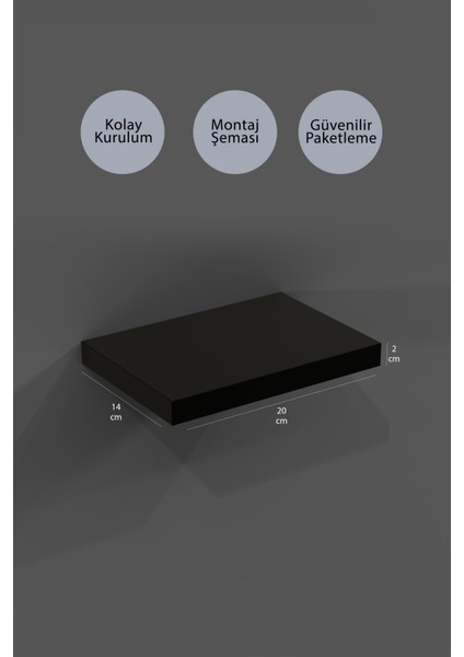 20 cm Mat Siyah Mdf Uçan Duvar Rafı Gizli Bağlantı Çiçeklik