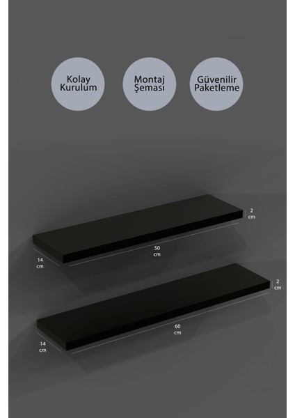 50 cm 60 cm Ikili Mat Siyah Mdf Uçan Duvar Rafı Gizli Bağlantı Kitaplık