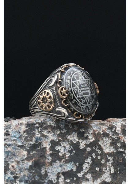 925 Ayar Gümüş Erkek Yüzüğü Sıkma Kehribar Taşlı Hz. Süleyman Mührü 901444 fiyatları