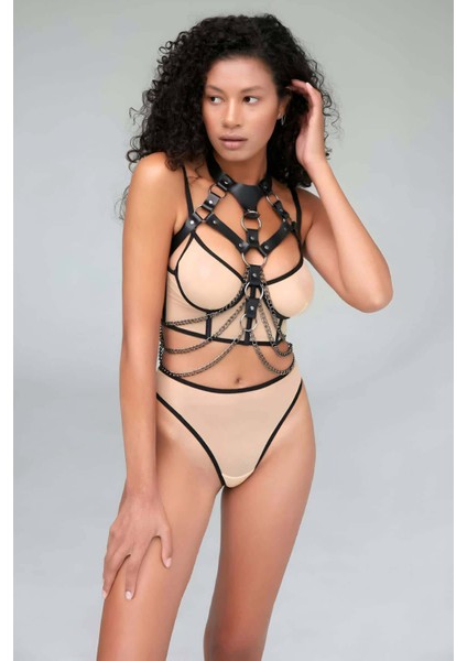 Zincir Detaylı Şık Göğüs Üzeri Deri Harness - APFT1066