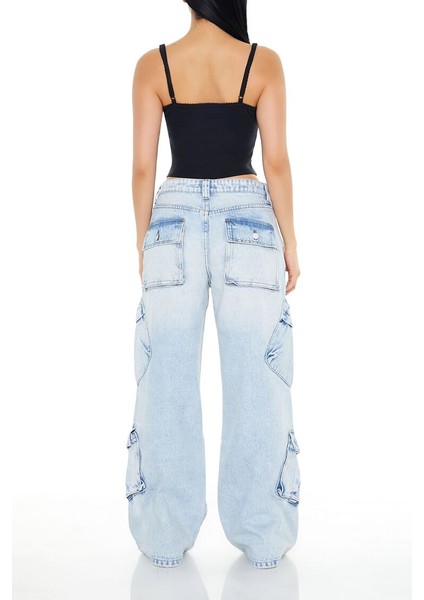 Mid-Rise Wide-Leg Kargo Jean Pantolon