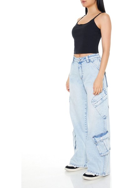 Mid-Rise Wide-Leg Kargo Jean Pantolon fırsatları