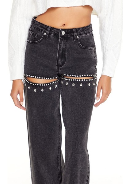 Rhinestone Dekolteli Wide-Leg Jean Pantolon