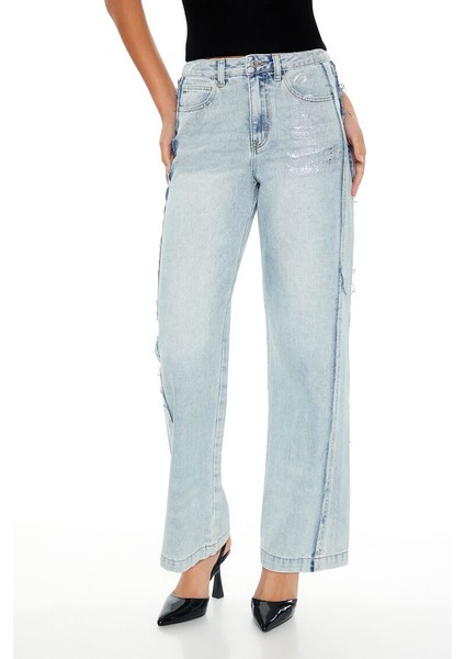 Metallic High-Rise Straight Jean Pantolon