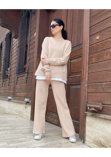 Bayan Bej 3 Iplik Şardonlu Oversize Alt Üst Takım