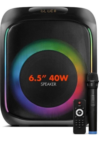 Taşınabilir Mikrofonlu ve Kumandalı 40 W Parti Karaoke Kumandalı Bluetooth Hoparlör LED Işıklı