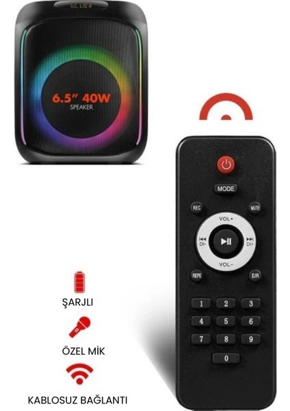 Taşınabilir Mikrofonlu ve Kumandalı 40 W Parti Karaoke Kumandalı Bluetooth Hoparlör LED Işıklı
