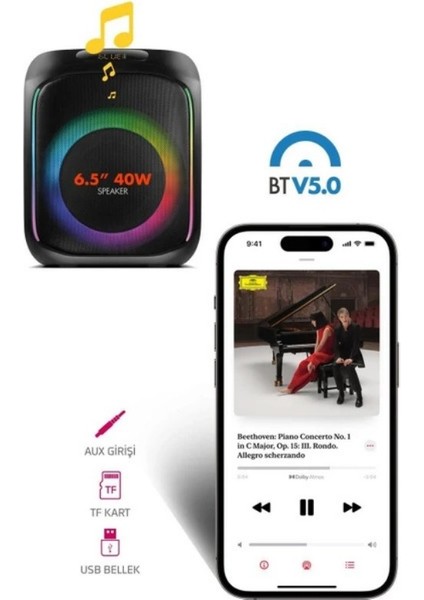 Taşınabilir Mikrofonlu ve Kumandalı 40 W Parti Karaoke Kumandalı Bluetooth Hoparlör LED Işıklı