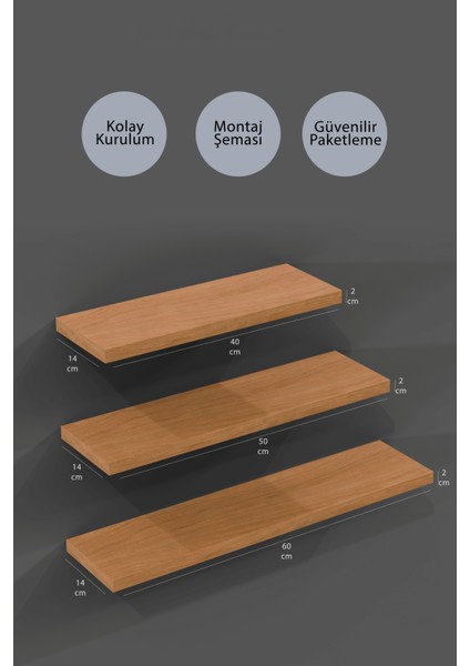 40 Cm 50 Cm 60 Cm 3lü Safir Meşe Mdf Uçan Duvar Rafı Gizli Bağlantı Kitaplık fiyatları
