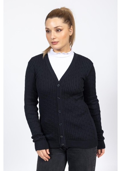 Vs Bayan V Yaka Dügmeli Saç Örgü U.kol Hırka Trk Siyah