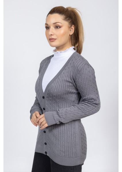 Vs Bayan V Yaka Dügmeli Saç Örgü U.kol Hırka Trk Füme