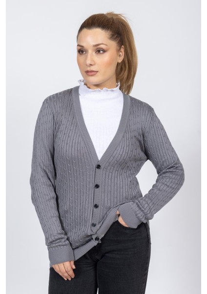 Vs Bayan V Yaka Dügmeli Saç Örgü U.kol Hırka Trk Füme modelleri