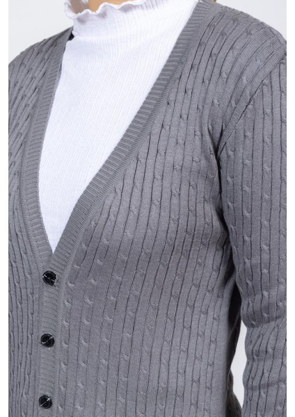 Vs Bayan V Yaka Dügmeli Saç Örgü U.kol Hırka Trk Füme fırsatları