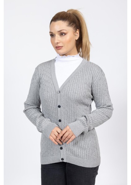 Vs Bayan V Yaka Dügmeli Saç Örgü U.kol Hırka Trk A.gri