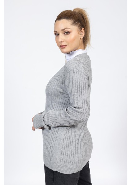 Vs Bayan V Yaka Dügmeli Saç Örgü U.kol Hırka Trk A.gri fiyatları