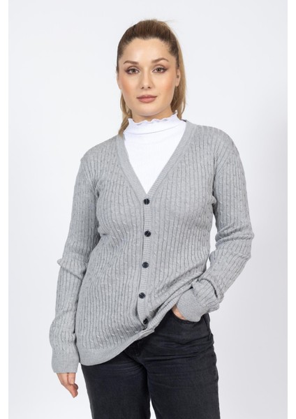 Vs Bayan V Yaka Dügmeli Saç Örgü U.kol Hırka Trk A.gri fırsatları