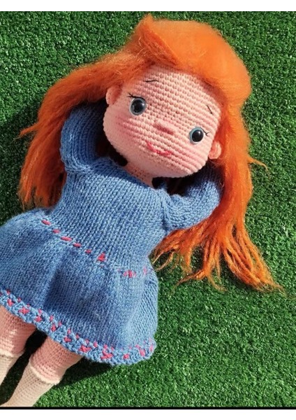 Turuncu Saçlı Kız Organik Örgü Bebek 33cm
