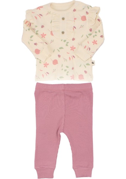 Kız Bebek Ekru Mor Çicekli Yapraklı 2'li Takım