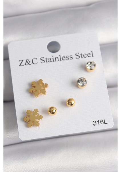 316L Çelik Gold Renk Zirkon Taşlı Kar Tanesi Model Kadın Küpe Seti