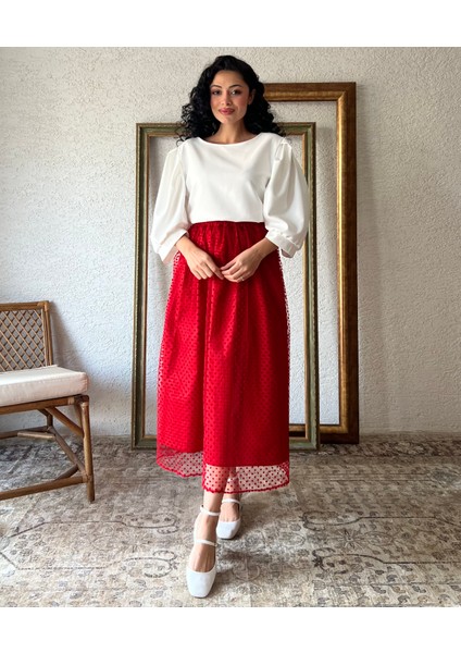 Kırmızı Puantiyeli Tül Etek