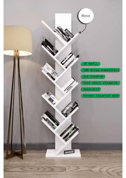 Likya Model, Beyaz Renk, 10 Raflı Dekoratif Kitaplık