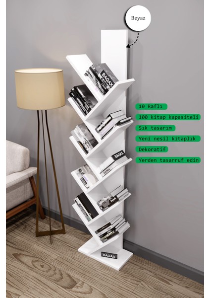 Likya Model, Beyaz Renk, 10 Raflı Dekoratif Kitaplık fiyatları