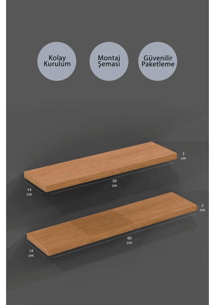 50 Cm 60 Cm 2li Safir Meşe Mdf Uçan Duvar Rafı Gizli Bağlantı Kitaplık