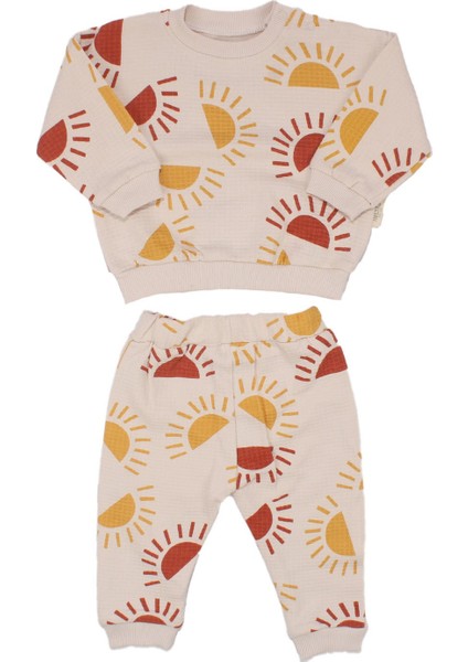 Erkek Bebek Ekru Waffle Kumaş Sarı Turuncu Güneş Desenli 2'li Takım