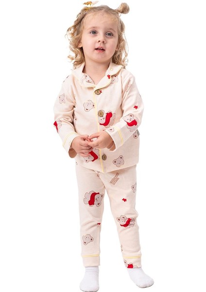 Somon Sarı Biyeli Kırmızı Ayıcık Desenli Kruvaze Yaka Pijama Takımı