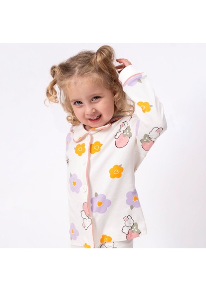 Kız Çocuk Ekru Turuncu Lila Çicek Tavşanlı Desenli Kruvaze Yaka Pijama Takımı fiyatları