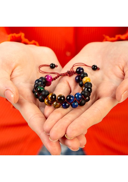 Çift Sıra Makrome Örgülü Küre Kesim Çoklu Kaplangözü Doğaltaş Kombinli Kadın Enerji Bilekliği