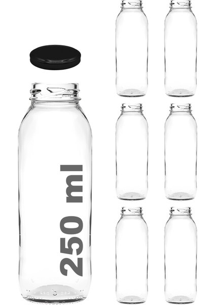 250 cc Şeffaf Meyve Suyu, Limonata Şişesi Metal Konserve Kapaklı 250 ml Yuvarlak Cam Şişe 6 Adet