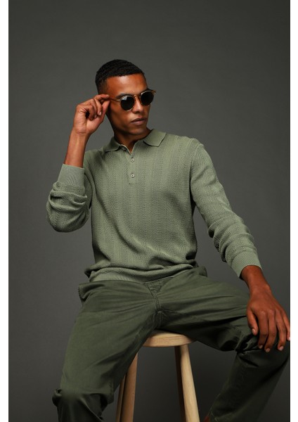 Polo Yaka Slim Fit Dar Kesim Desenli Pamuklu Triko Kazak