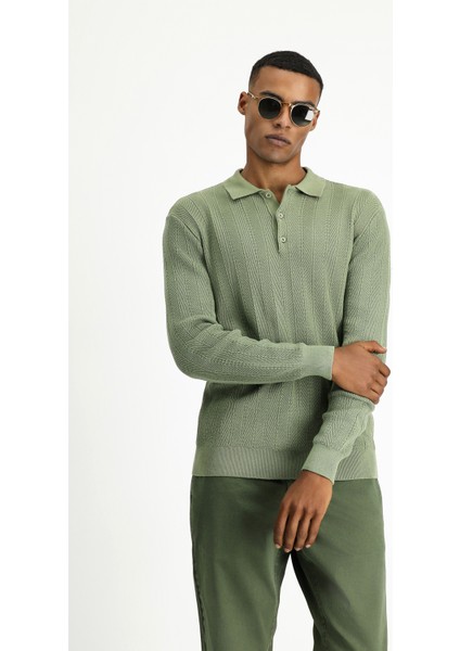 Polo Yaka Slim Fit Dar Kesim Desenli Pamuklu Triko Kazak fırsatları