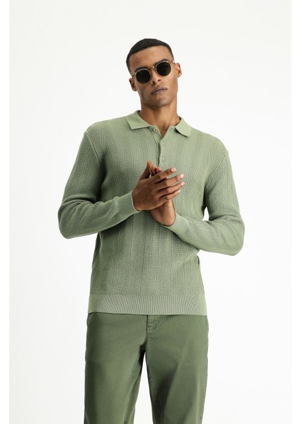 Polo Yaka Slim Fit Dar Kesim Desenli Pamuklu Triko Kazak indirimleri