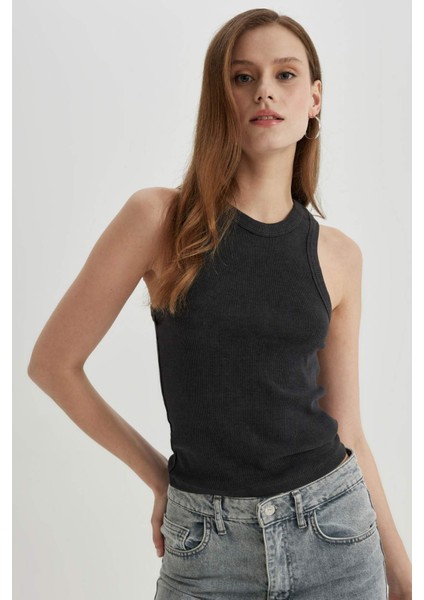 Slim Fit Dar Kesim Halter Yaka Fitilli Kaşkorse Yıkamalı Soluk Efektli Atlet C4327AX24SP