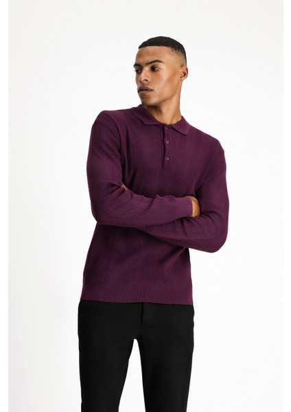 Polo Yaka Slim Fit Dar Kesim Desenli Pamuklu Triko Kazak