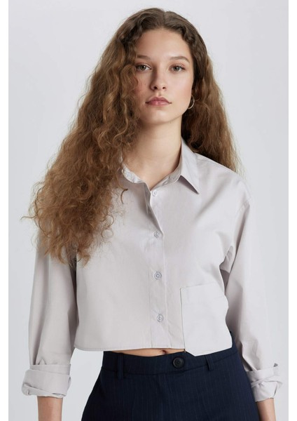 Oversize Geniş Kalıp Crop Poplin Uzun Kollu Gömlek C5026AX24SP
