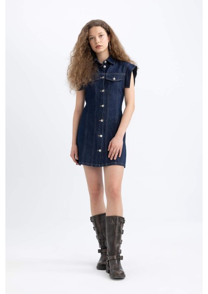 Kısa Kollu Mini Jean Elbise C5643AX24SP