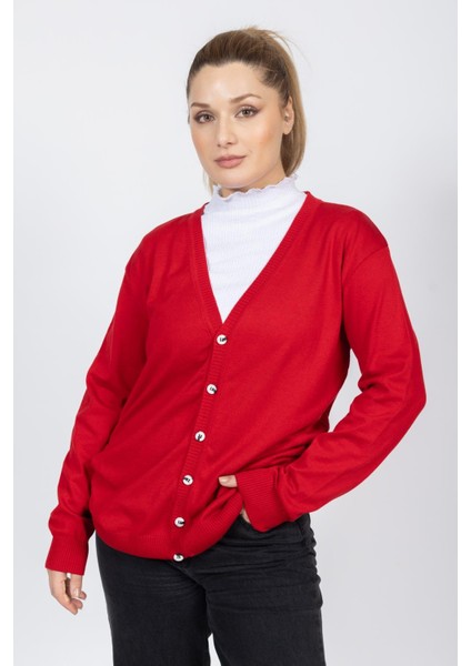 Vs Bayan V Yaka Dügmeli Düz U.kol Hırka Trk Kırmızı