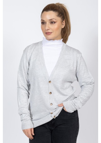 Vs Bayan V Yaka Dügmeli Düz U.kol Hırka Trk Gri